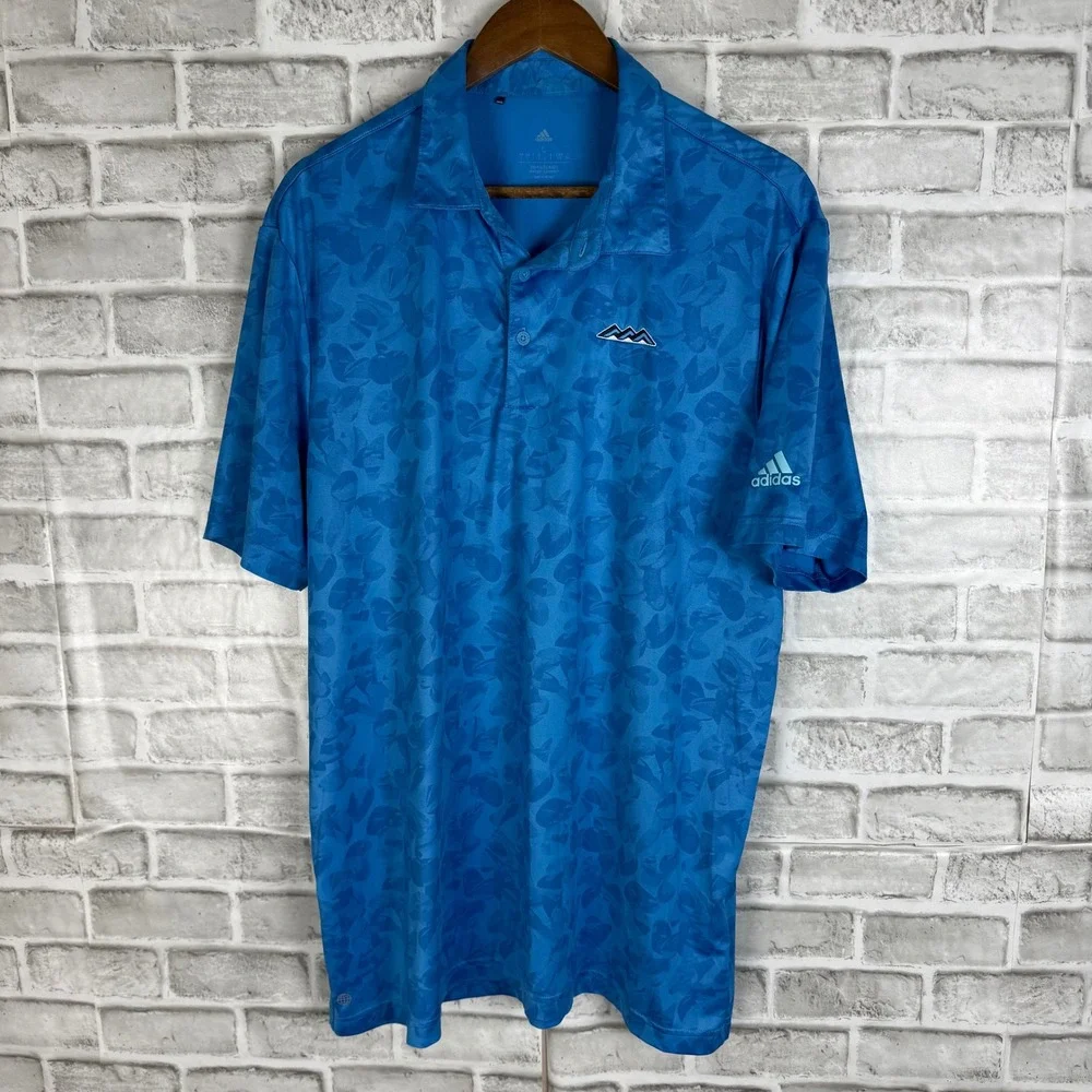 Adidas Mens Blue Floral Camo Golf Polo Shirt Desert Mountain GC sz LARGE Stretch